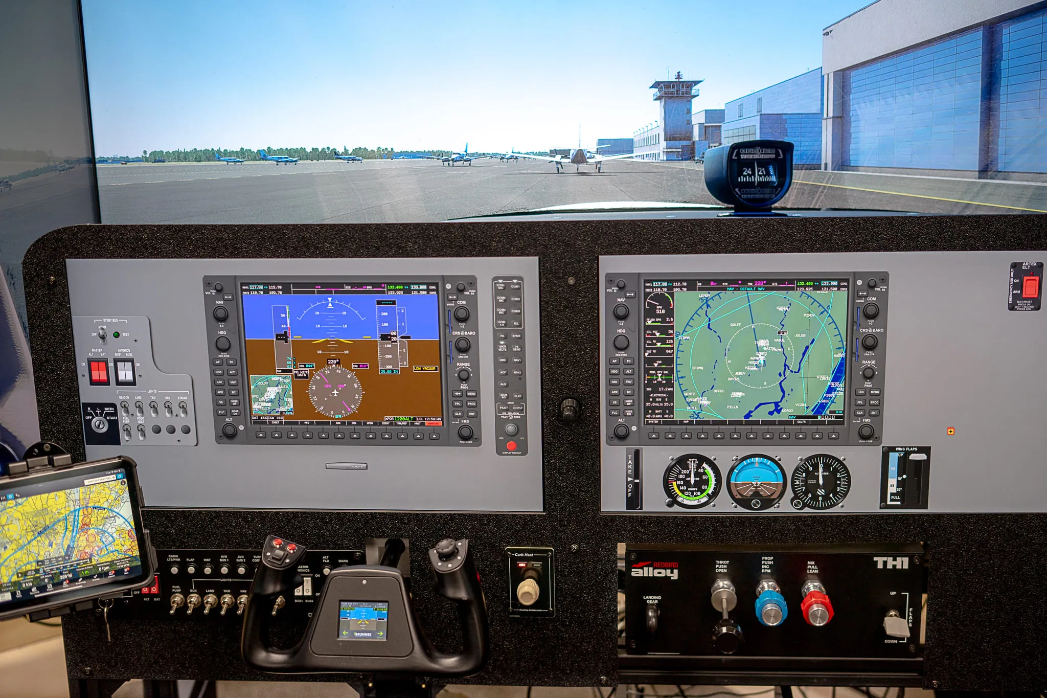 Cockpit view of the SG-2 flight simulator at Solid Ground Aviation